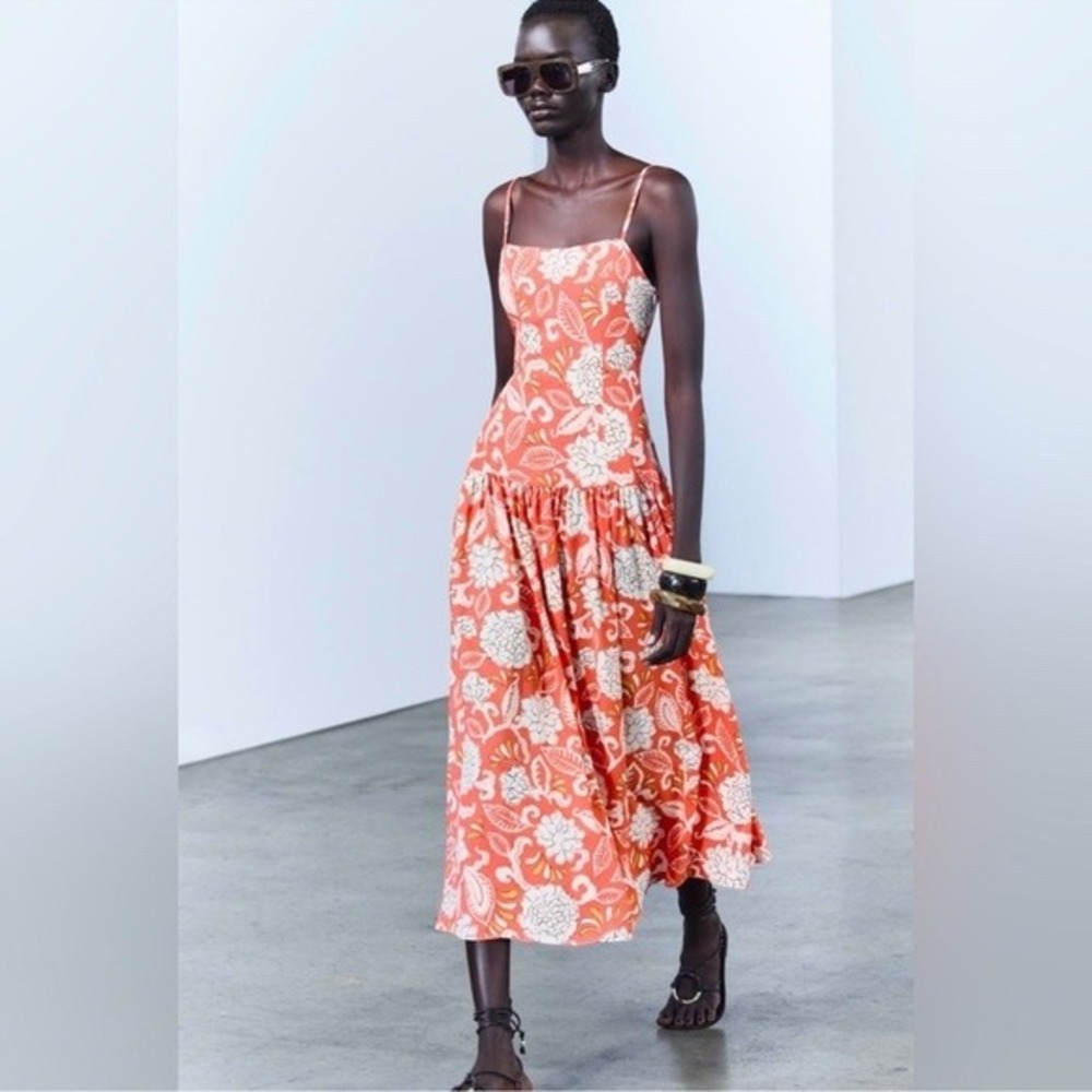 Zara Floral Midi Dress S Coral Cream Drop Waist Euro Summer Romantic Tomato Girl